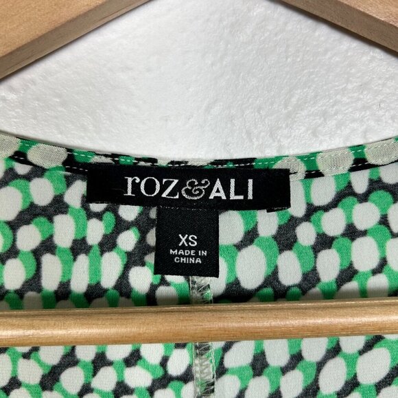 ROZ & ALI Green, white, and Black Geometric Print Faux Wrap Office Dress Size XS - Picture 10 of 10